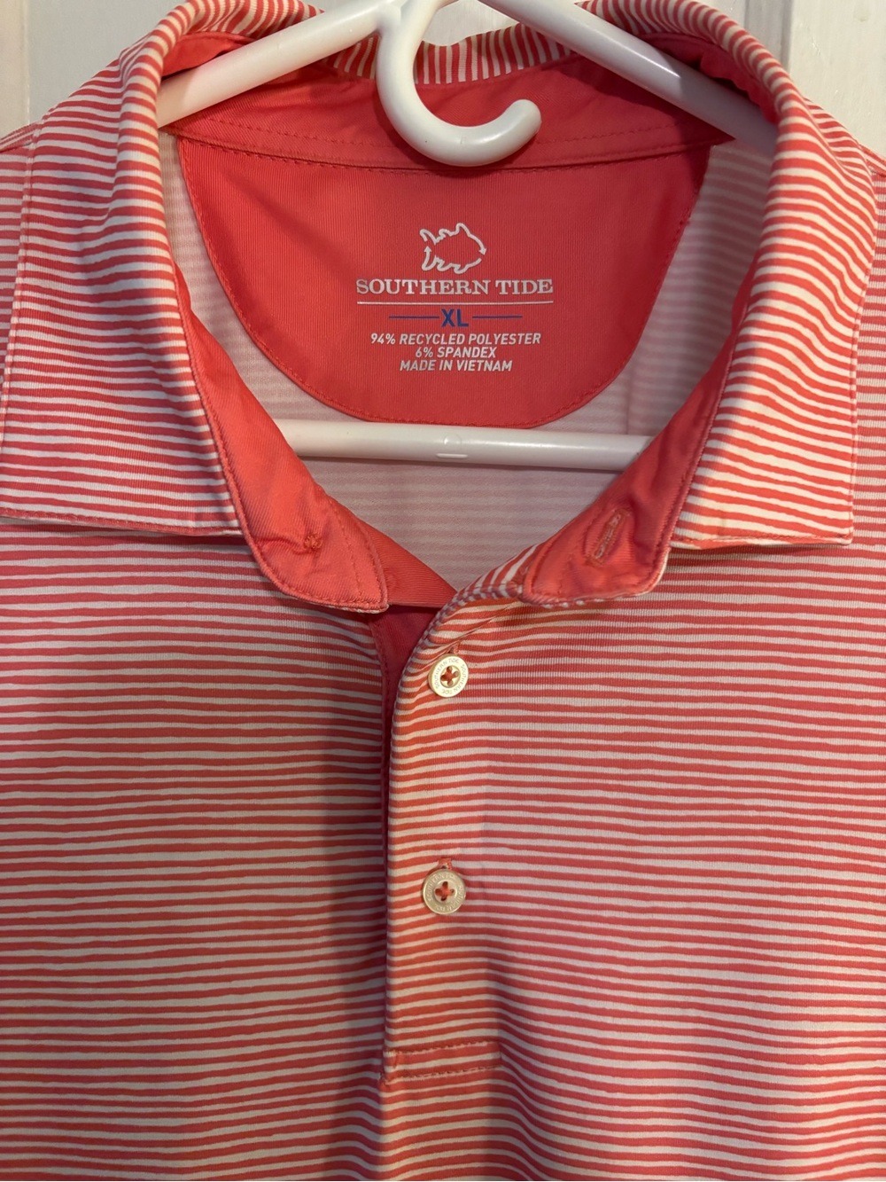 Southern Tide Men’s Coral and White Striped Polo